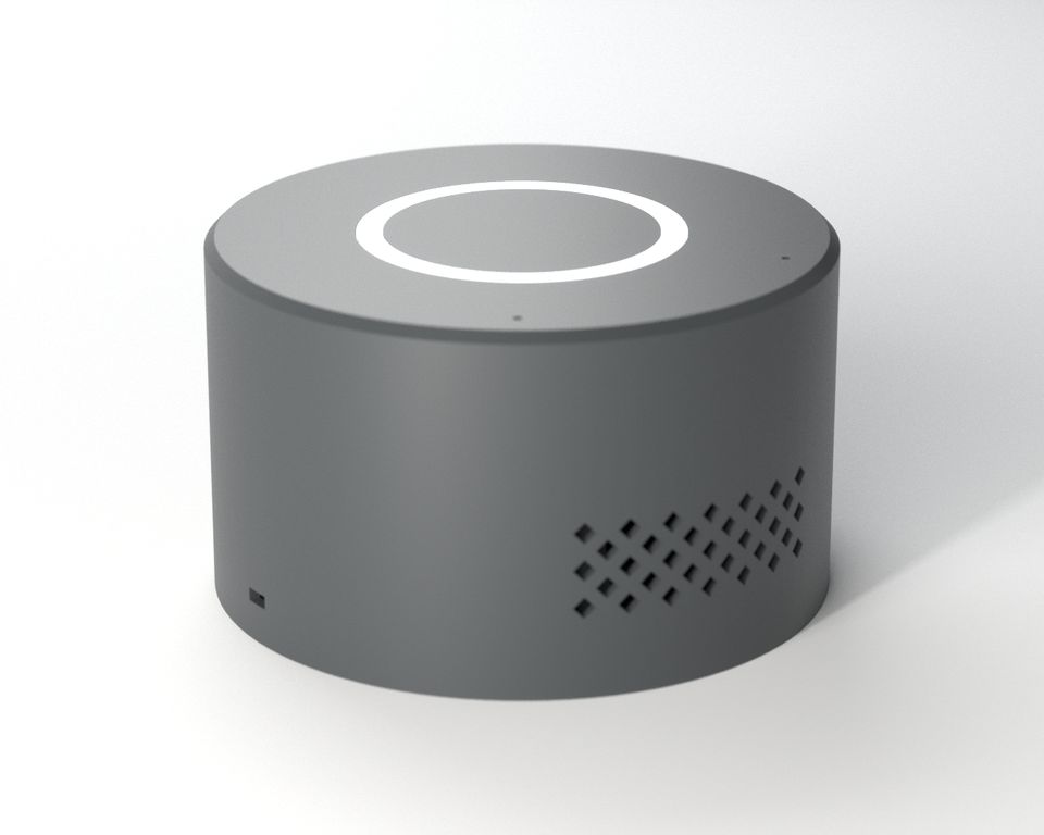 Sarandip office device: a low charcoal cylinder with a white halo light ring on top